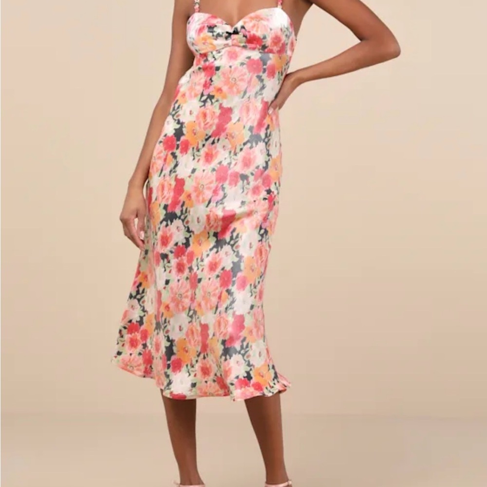 Lulus Sensational Spirit Peach Multi Floral Satin Tie-Back Midi Dress NWT XL